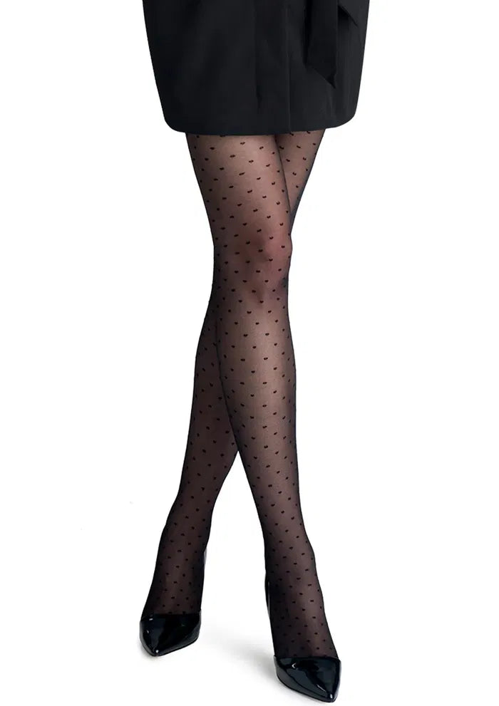 Polka dot tights worn with different outfits showing versatile styling options