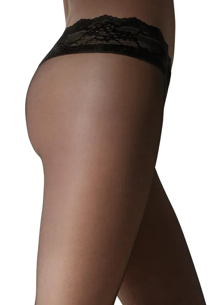 Close-up of low-waist 15 DEN lace tights waistband showing delicate lace detail and hipster fit