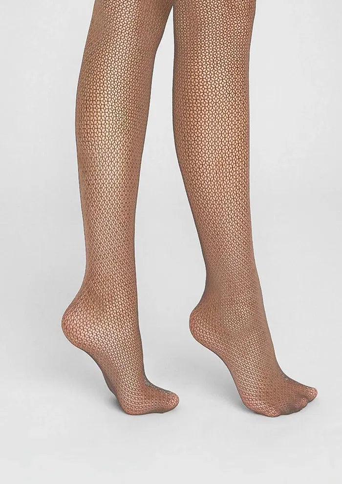 Coffee Fishnet Tights UK – Fine Mesh Geometric Pattern – Modern Sophistication with Leg-Lengthening Effect