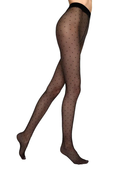 Full leg view of polka dot tights demonstrating 20 DEN semi-sheer opacity