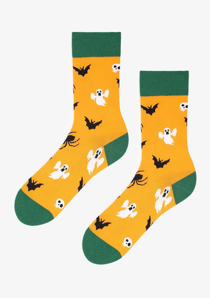 Men's Ghost &amp; Bat Halloween Socks UK – Orange Premium Cotton – Spooky Trio Sophistication