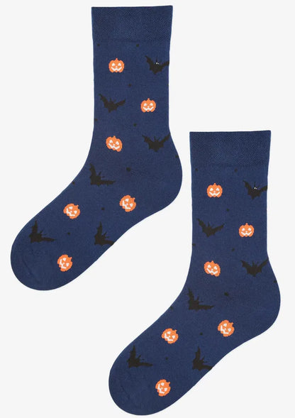 Halloween Bat & Pumpkin Socks UK – Men's Navy Premium Cotton – Sophisticated Spooky Style